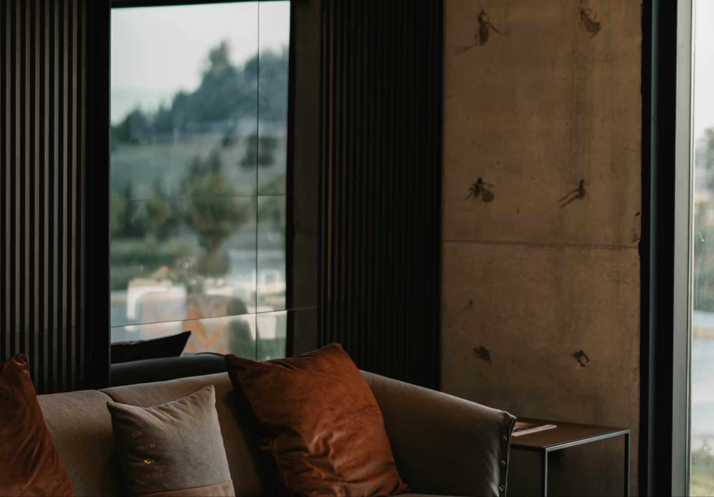 Medium shot of an interior with a leather sofa in the foreground and glass windows with concrete walls in the middle and background.